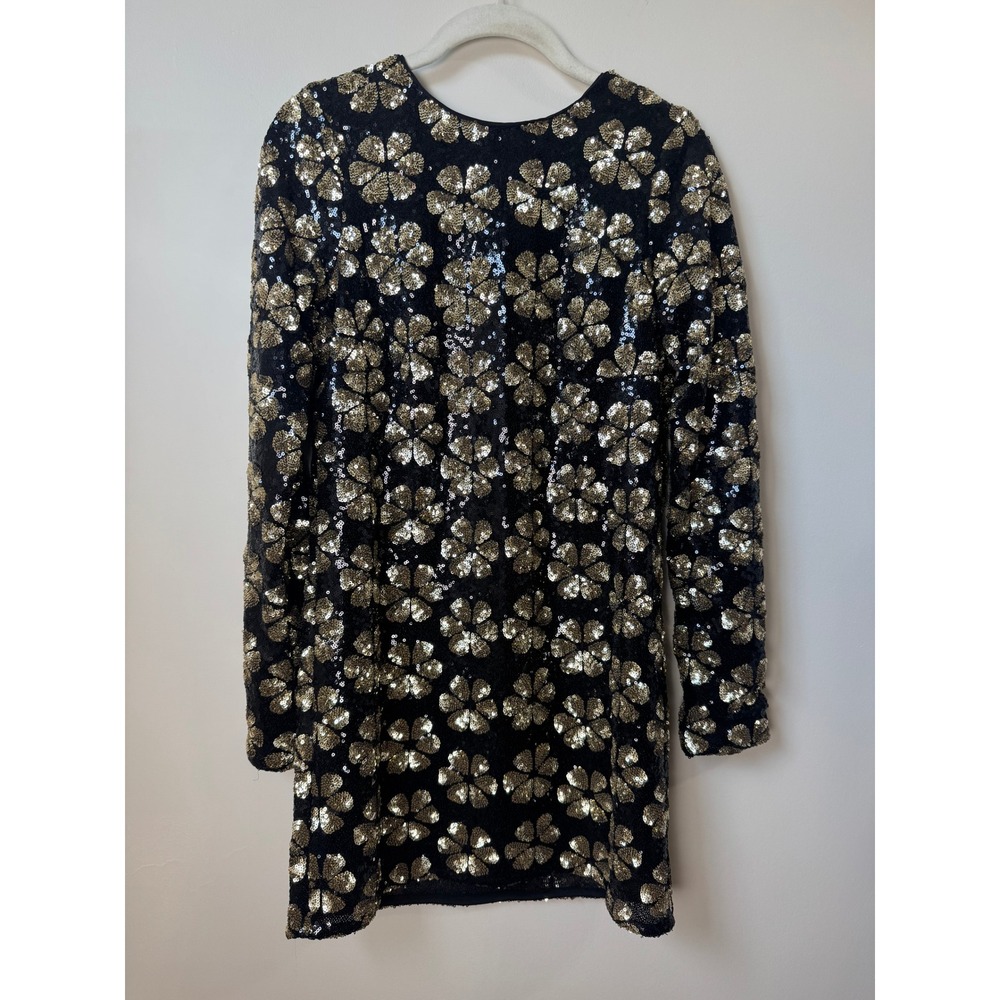 Show Me Your Mumu Womens XS Black Gold Sequin Floral Mini Dress Long Sleeve - Picture 3 of 5